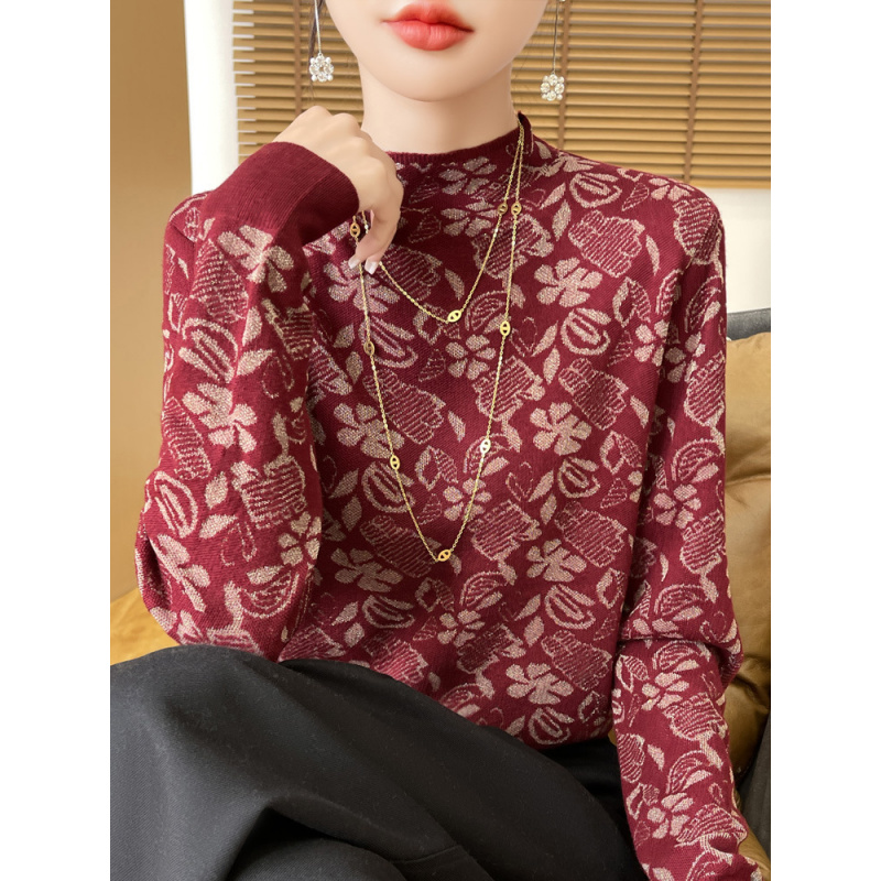 国风提花半高领针织衫女春秋薄款精纺羊毛内搭打底上衣新款毛衣