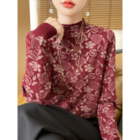 国风提花半高领针织衫女春秋薄款精纺羊毛内搭打底上衣新款毛衣