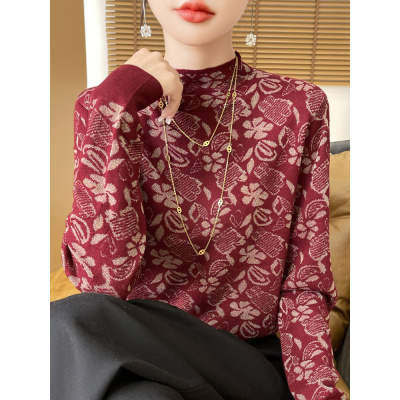 国风提花半高领针织衫女春秋薄款精纺羊毛内搭打底上衣新款毛衣