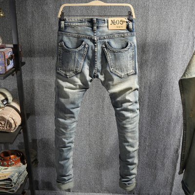 YUANSU秋冬新款复古牛仔裤男修身小脚做旧弹力韩版潮牌加厚直筒潮流长裤牛仔裤男