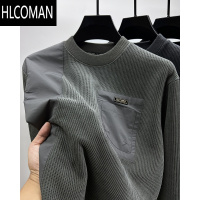 HLCOMAN复古口袋加绒加厚卫衣男圆领潮牌贴布t恤男长袖打底衫上衣