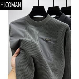 HLCOMAN复古口袋加绒加厚卫衣男圆领潮牌贴布t恤男长袖打底衫上衣