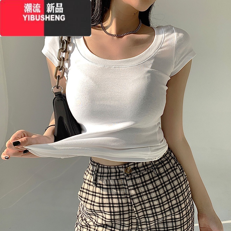 YIBUSHENG白色短袖t恤女2024年新款季半袖低圆领锁骨短款上衣体恤潮