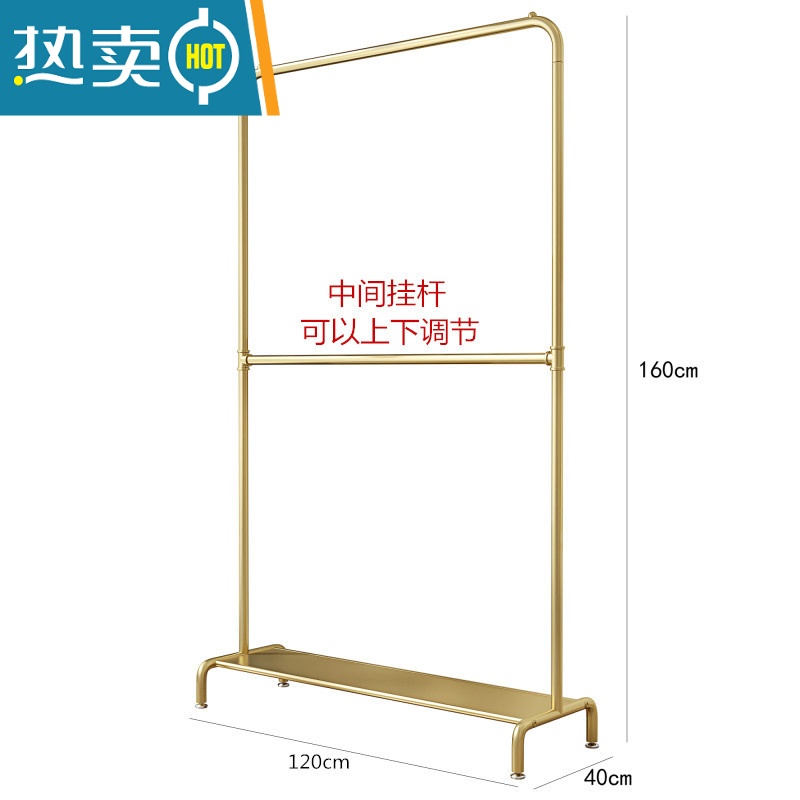 敬平多层衣架落地卧室家用挂衣服架子网红晾衣架省空间简易收纳置物架 双层可调节:带板长120高160纳米金
