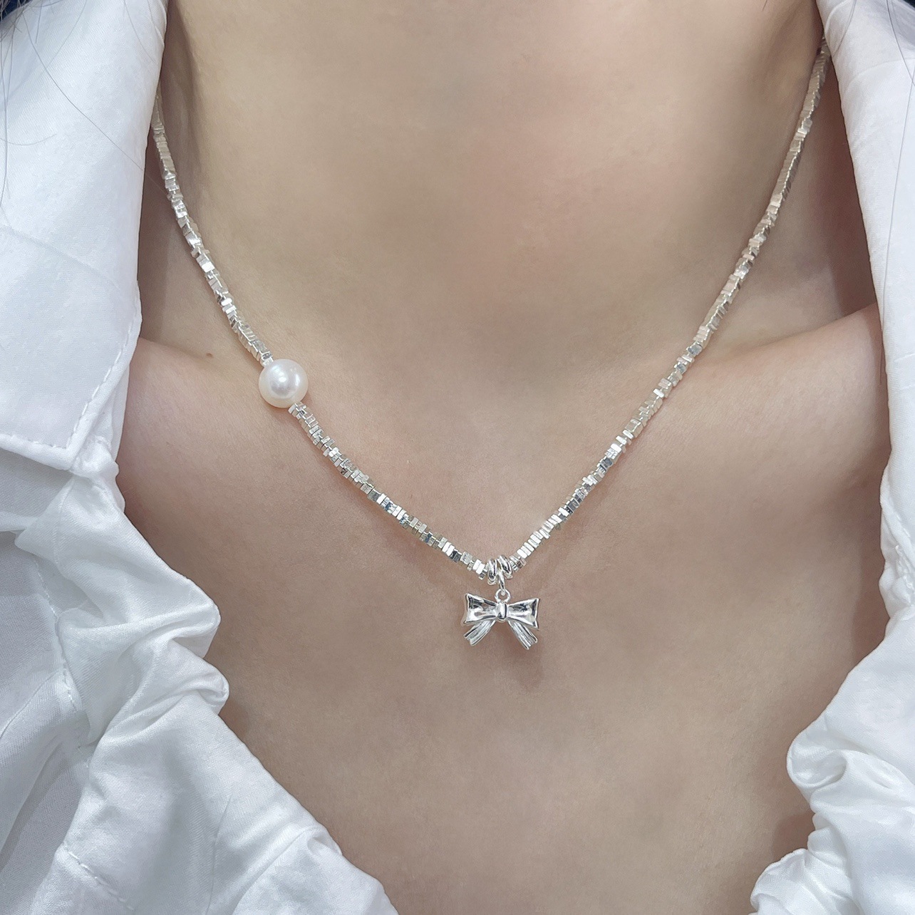 s925纯银甜美蝴蝶结珍珠碎银项链女简约高级精致锁骨链小众气质潮送女朋友老婆情人节七夕生日礼物