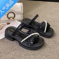 SUNTEK2023夏季新款仙女风珍珠拖鞋女外穿松糕厚底一字凉拖罗马凉鞋两穿