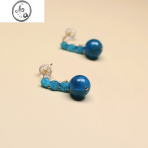 JiMi耳钉女简约原创设计手工串珠14k金耳饰蓝水晶宝石耳坠 蓝色
