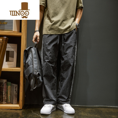 YANXU夏季薄款速干直筒休闲裤男士宽松大码美式高街潮牌撞色条纹阔腿裤