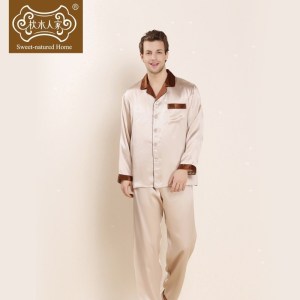 美帮汇100真丝睡衣秋冬男士桑蚕丝长袖睡衣套装西装领长裤