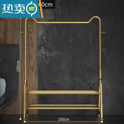 敬平晾衣架落地家用室内卧室单杆式宿舍用学生晒衣服收纳架子挂衣架 100CM+双层置物网[猫耳轻奢金]