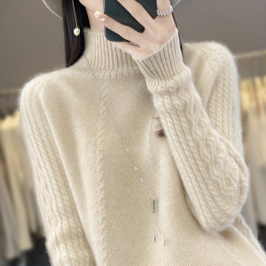 秋冬绞花加厚羊毛衫女半高领针织打底衫长袖套头加厚宽松毛衣潮