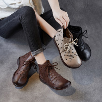 真皮平底凉靴夏季新款短靴牛筋软底妈妈舞蹈靴子大码洞洞女靴