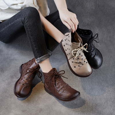 真皮平底凉靴夏季新款短靴牛筋软底妈妈舞蹈靴子大码洞洞女靴