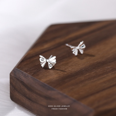 s999足银五角星锆石蝴蝶结耳钉女轻奢高级感优雅气质小众设计耳饰送女朋友老婆情人节七夕生日礼物