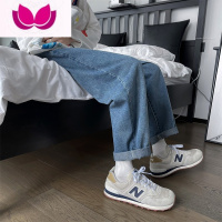 七斓港风牛仔裤男宽松直筒ins潮水洗休闲长裤潮牌九分裤阔腿裤