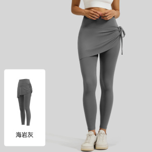 新款抽绳褶皱瑜伽裙裤女假两件显瘦防尴尬运动健身长裤