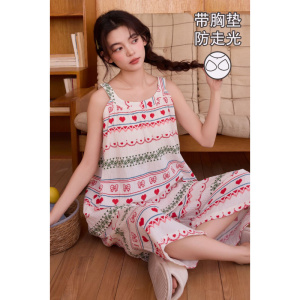 云朵棉清新碎花背心带胸垫防走光七分裤女夏季宽松舒适家居服睡衣