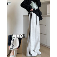 美式条纹运动裤女秋季直筒卫裤小个子初中生束脚宽松阔腿休闲裤子