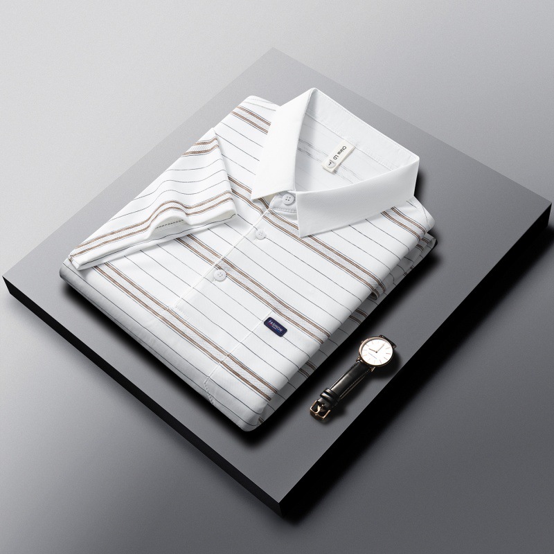 锦氨冰丝凉感翻领短袖男T恤2026夏季条纹中年透气休闲爸爸polo衫