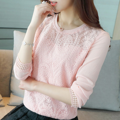 蕾丝打底衫春装新款大码修身镂空显瘦百搭长袖雪纺衫女装上衣