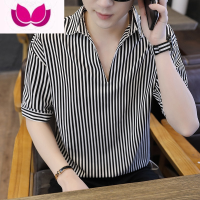 七斓春季男士潮流条纹衬衫商务韩版休闲上衣日常修身五分袖衬衣工作装