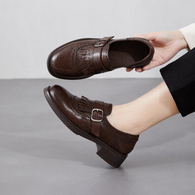 真皮流苏乐福单鞋女2026春季新款jk黑色一脚蹬英伦布洛克小皮鞋