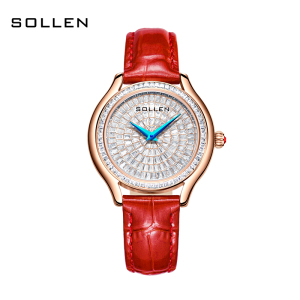 梭伦(SOLLEN)手表女士七夕情人节礼物送礼镶钻满天星时尚简约气质石英女表SL436 玫金红皮