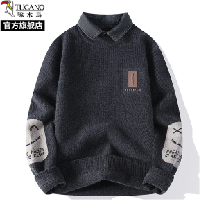 啄木鸟2024冬季新款衬衫领毛衣加绒加厚假两件针织衫男士大尺码卫生衣