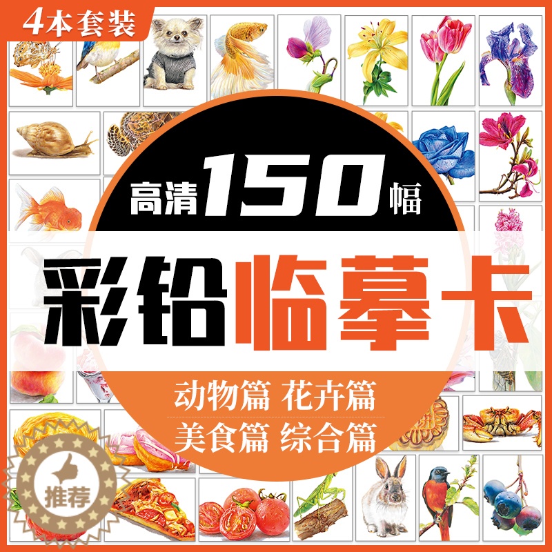 [醉染正版]彩铅临摹卡花卉篇+动物篇+美食篇+综合篇四册 一线美誉步骤对应视频教学美术绘画卡片兴趣高清原创彩铅美术临摹学