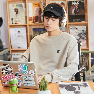 [3件8.5折127.4元,叠加优惠券]唐狮春秋冬季新款圆领卫衣男士加绒宽松套头黑色外套上衣潮牌