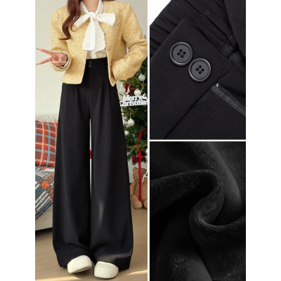 黑色阔腿裤女新款秋冬垂感高级感小个子窄版直筒加绒西装裤子_489