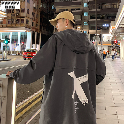 SUNTEK交叉痞帅风衣男中长款秋季韩版潮流大码胖子宽松连帽秋天外套男士风衣