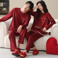 情侣睡衣春秋冬季棉质本命年喜庆结婚红色一男士一女士家居服套装_523