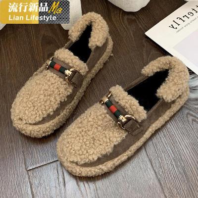 2020新款网红女鞋春秋季毛毛鞋平底豆豆鞋学生韩版百搭加绒棉鞋女知义(ZHIYI)休闲鞋