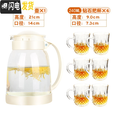 三维工匠玻璃冷水壶可高温防爆家用大容量凉白开凉水壶耐热花茶壶泡茶套装 白色茶艺壶2+6只钻石把杯开水不裂破损包赔茶具