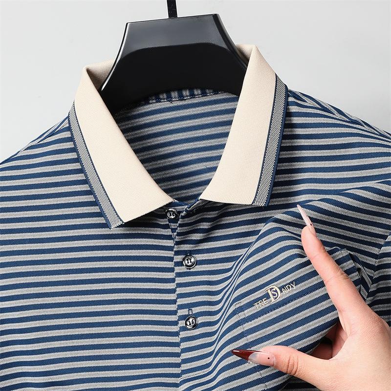 春夏新款男士短袖T恤简约翻领青年休闲条纹透气舒适长绒棉男装