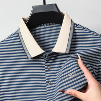 春夏新款男士短袖T恤简约翻领青年休闲条纹透气舒适长绒棉男装