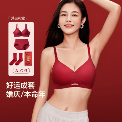 马年本命年红色内衣女小胸聚拢显大结婚新娘内裤袜子文胸礼盒套装
