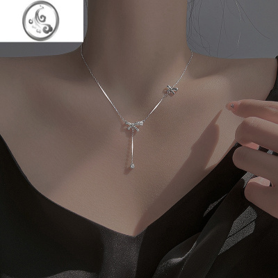 JiMi925银银蝴蝶结流苏项链女高级设计感颈链女2023年新款锁骨链