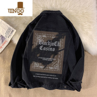 YANXUhiphop欧美高街牛仔外套男秋季ins潮牌黑色翻领工装夹克宽松大码