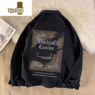 YANXUhiphop欧美高街牛仔外套男秋季ins潮牌黑色翻领工装夹克宽松大码