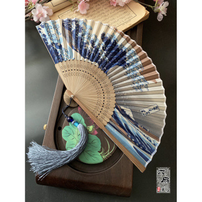 日式和风浮世绘神奈川海浪富士山折扇子日本和扇男女工艺扇礼品夏三维工匠仙鹤
