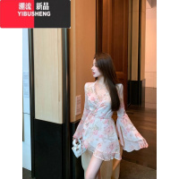 YIBUSHENG法式粉色碎花长袖雪纺连衣裙女季温柔风v领短裙显瘦收腰a字裙子