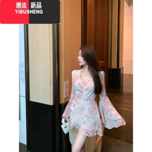 YIBUSHENG法式粉色碎花长袖雪纺连衣裙女季温柔风v领短裙显瘦收腰a字裙子