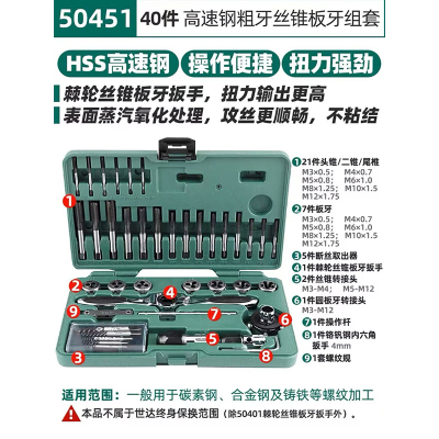 山头林村棘轮丝锥板牙扳手转接头高速钢粗牙螺纹攻丝麻花钻组套 5045 50451