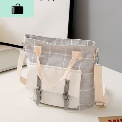 单肩包女帆布袋ins百搭补习上课装书包韩版学生格子斜挎包手提包NEW LAKE女士单肩包