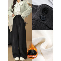 黑色灯芯绒阔腿裤女秋冬季加绒西装裤小个子高腰直筒窄版加厚裤子_426