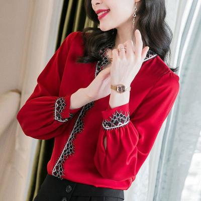 仙依琦红色女士衬衫2021春装新款时尚休闲蕾丝v领长袖上衣8975