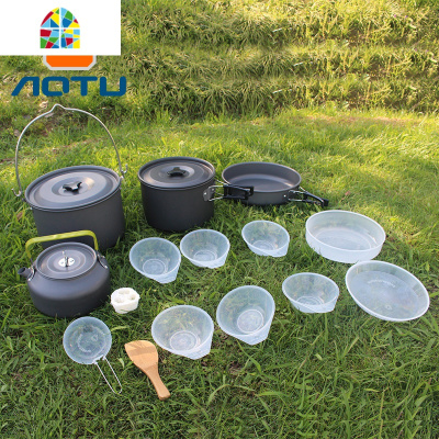 户外中锅煎锅水壶户外野营套锅多人不粘锅露营野炊6-8人吊锅便携 FENGHOU