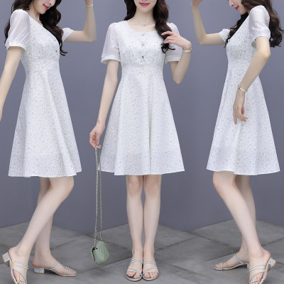 晗亦然2021新款夏甜美修身显瘦方领连衣裙女夏女装泡泡袖碎花裙子1292